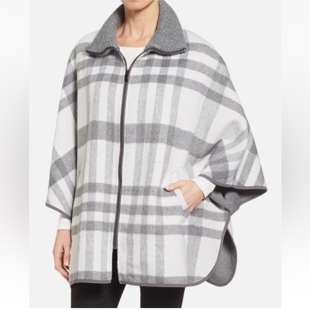 Via Spiga Wool Blend Cape Poncho Zip Front Plaid Women's M/L